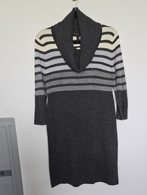NWT Connected Apparel Charcoal, Gray & Cream Striped Cowl-Neck Sweater Dress